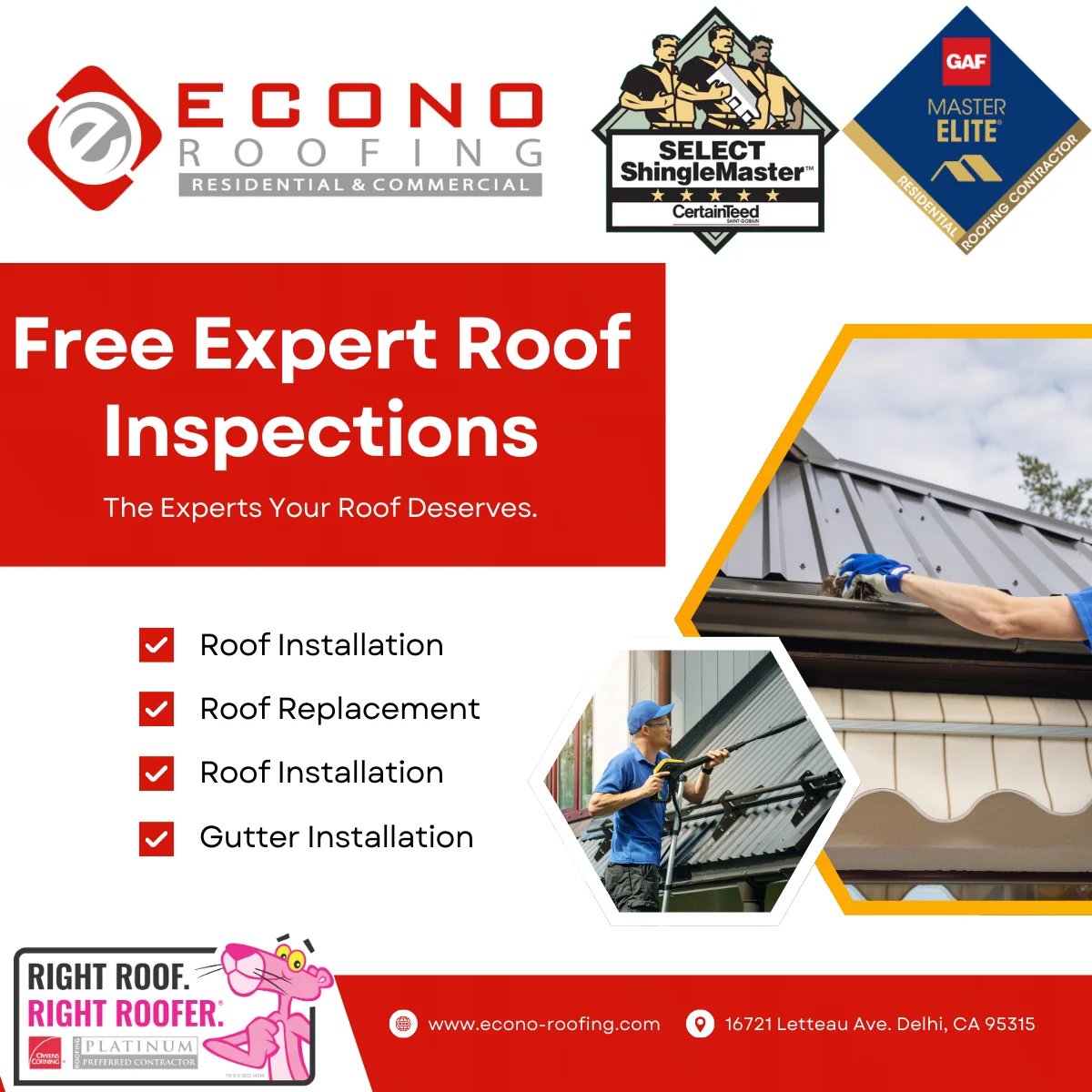 Free Roof Inspections by Econo Roofing — branded illustration showing CertainTeed and GAF Master Elite badges with a roof inspector on a metal roof and a homeowner walkthrough.