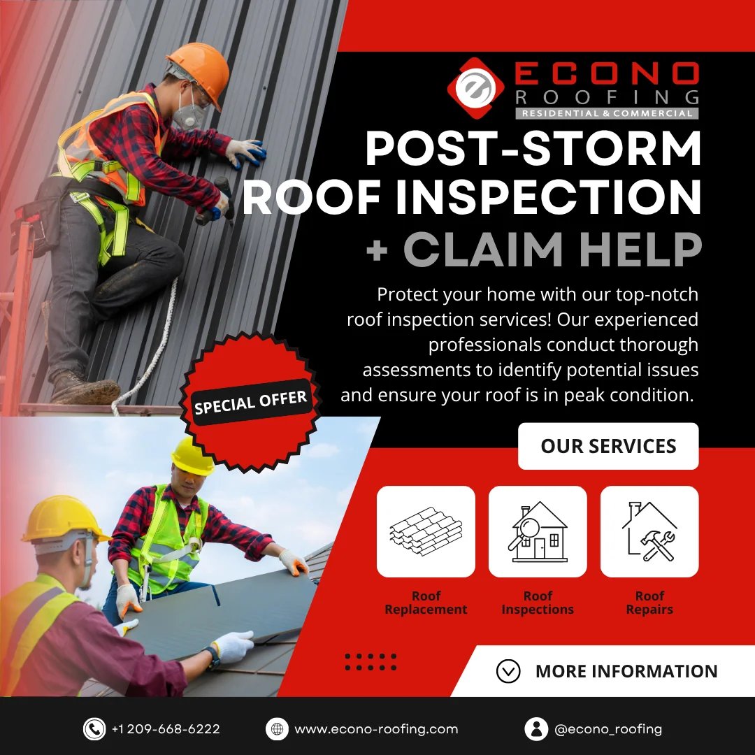 Free post-storm roof inspection and insurance claim help — branded illustration with Econo Roofing crew assessing storm damage on Central Valley homes.